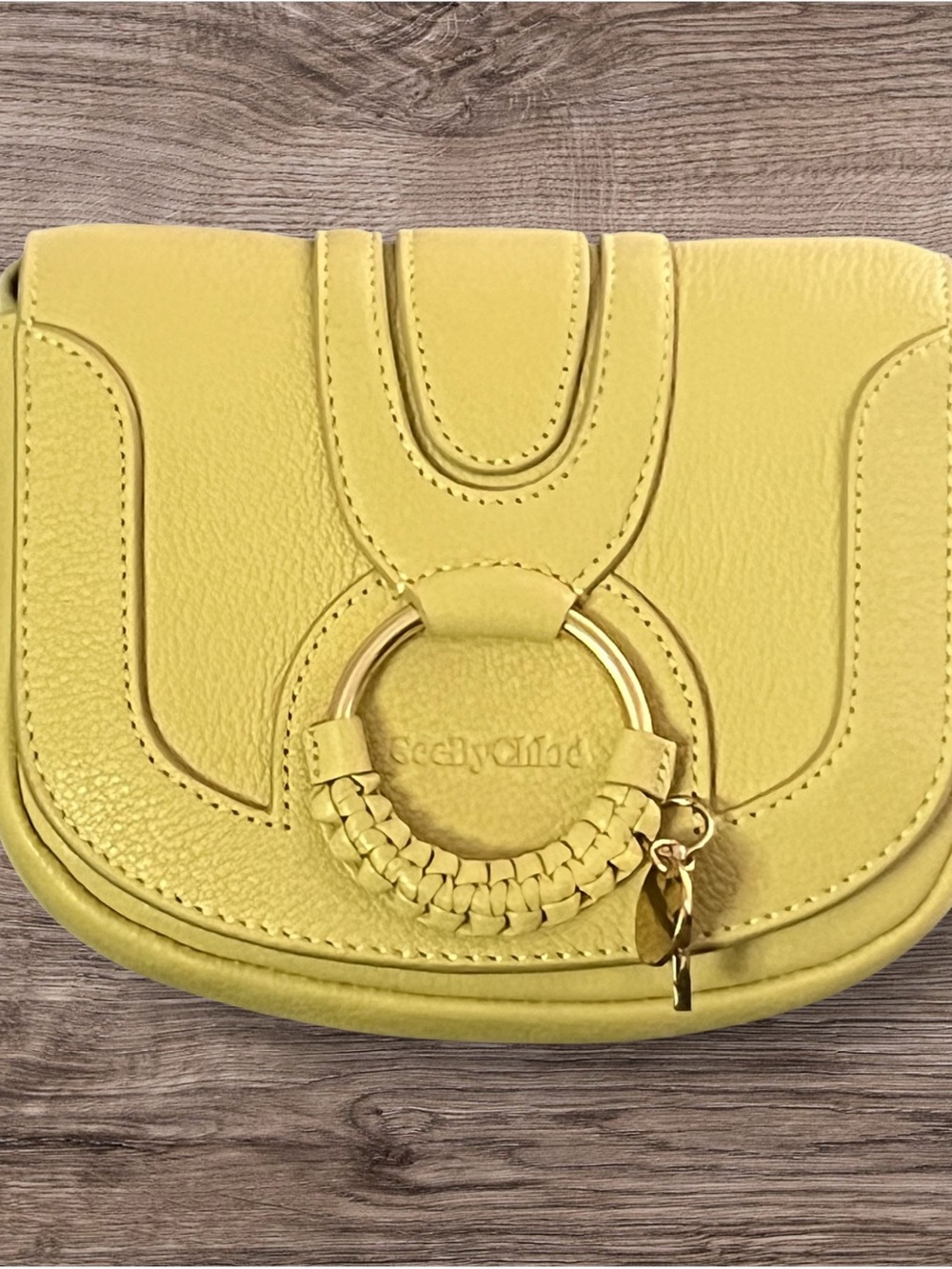 See By Chloe Small Yellow Leather Crossbody Saddle Bag with Braided Ring